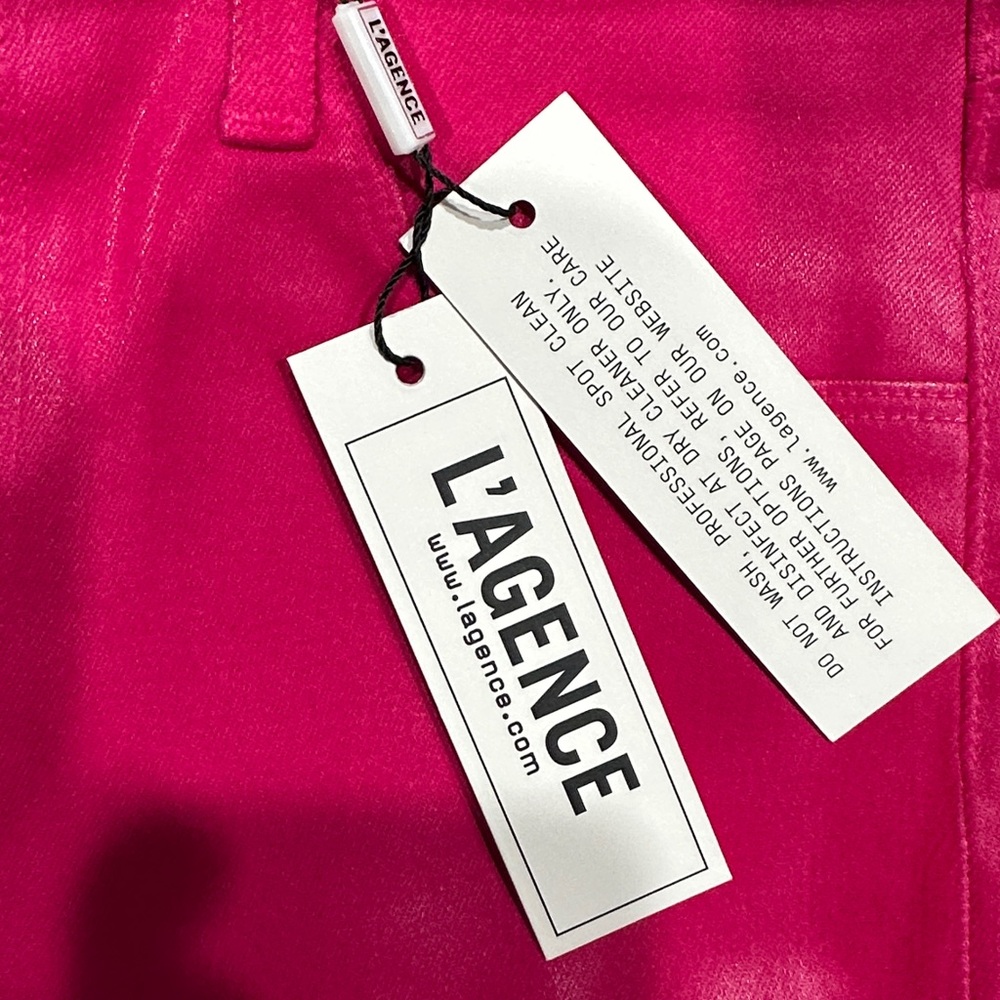 NWT L’AGENCE Marty High Rise Flare Coated Jeans Fuchsia Pink Leather Look Sz 26 - Picture 12 of 15